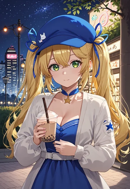 safe_pos, 1girl, solo, solo focus, highres, absurdres, Doki1st, blonde hair, cabbie hat, long hair, green eyes, blue headwear, blue ribbon, twintails, hair ribbon, bangs, blue choker, white jacket, long sleeves, hair between eyes, blue dress, cleavage, open jacket, collarbone, hair ribbon, white belt, star choker, hat ornament,

looking at viewer, holding cup, bubble tea,

park, cityscape, neon lights, shade, night, night sky, dark, backlighting,