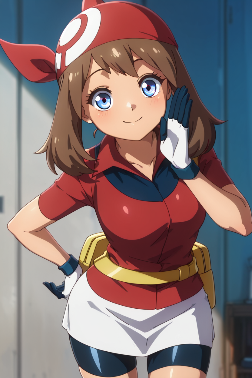 masterpiece, best quality, 1girl, solo, beautiful eyes, zzMay, may (pokemon), solo, brown hair, blue eyes, medium hair, red shirt, bike shorts, red bandana, red shirt, gloves,  white miniskirt, yellow belt,  <lora:MayPokemonIXL_v2:1.0>,  <lora:OkitsuraStyleIXL:1.0>, , cowboy shot, leaning forward, smile, looking at viewer, shiny skin,