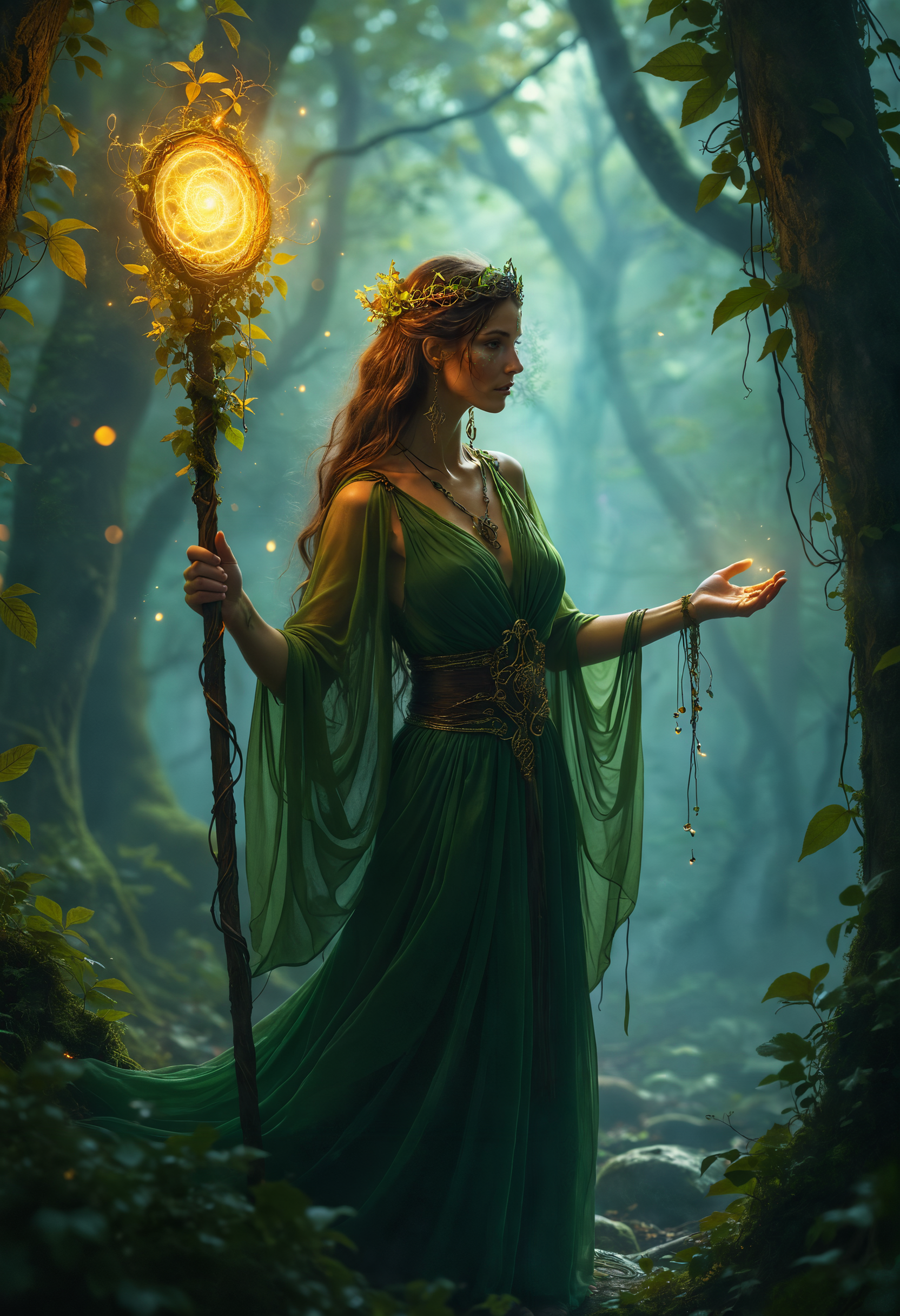 A very detailed photograph of a beautiful female druid who channels the forces of nature deep within a mystical forest. Leaves and vines swirl around her as she communes with ancient spirits, her intricate staff glowing with ethereal energy. The balance of life and magic hangs in the air. Vibrant energy flows around and enlightens the misty night.
<lora:add-detail-xl:0.5> <lora:xl_more_art-full_v1:0.5>