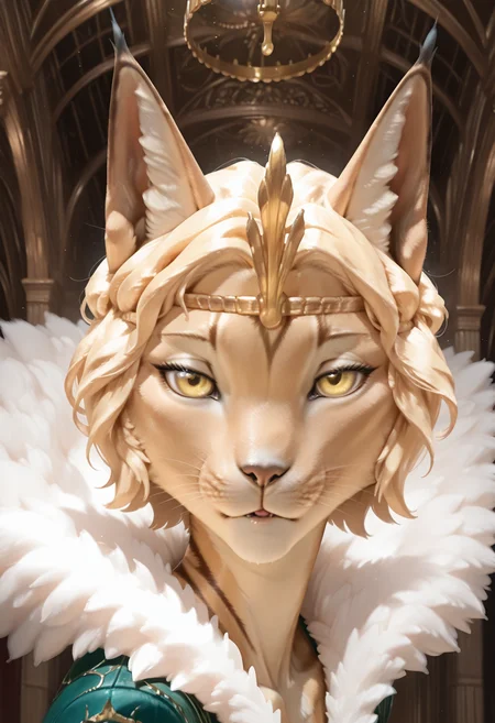 best quality, amazing quality, absurdres, newest, high quality, masterpiece, KittKantoMTG, 1girl, solo, feline, crown, blonde hair, short hair, furry female, solo, animal ears, yellow eyes, green dress, portrait, close-up <lora:Kitt_Kanto_Magic_the_Gathering:.85>  <lora:NOOB_vp1_detailer_by_volnovik_v1:1>