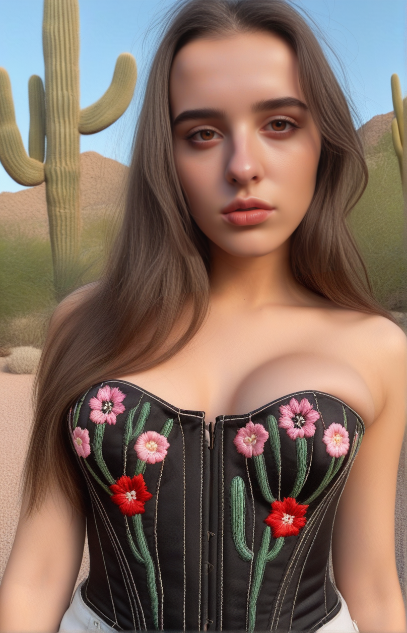 Stable_Yogis_PDXL_Positives <lora:Virtual_Babes_1_By_Stable_Yogi_SDXL8:0.8>
 88babes-girl88, long hair,  brown hair, realistic, brown eyes, face close up, red shirt, 
beautiful, realistic, real_life.
 (( wearing Floral embroidery corset top,   cactus-filled desert garden , face close up))