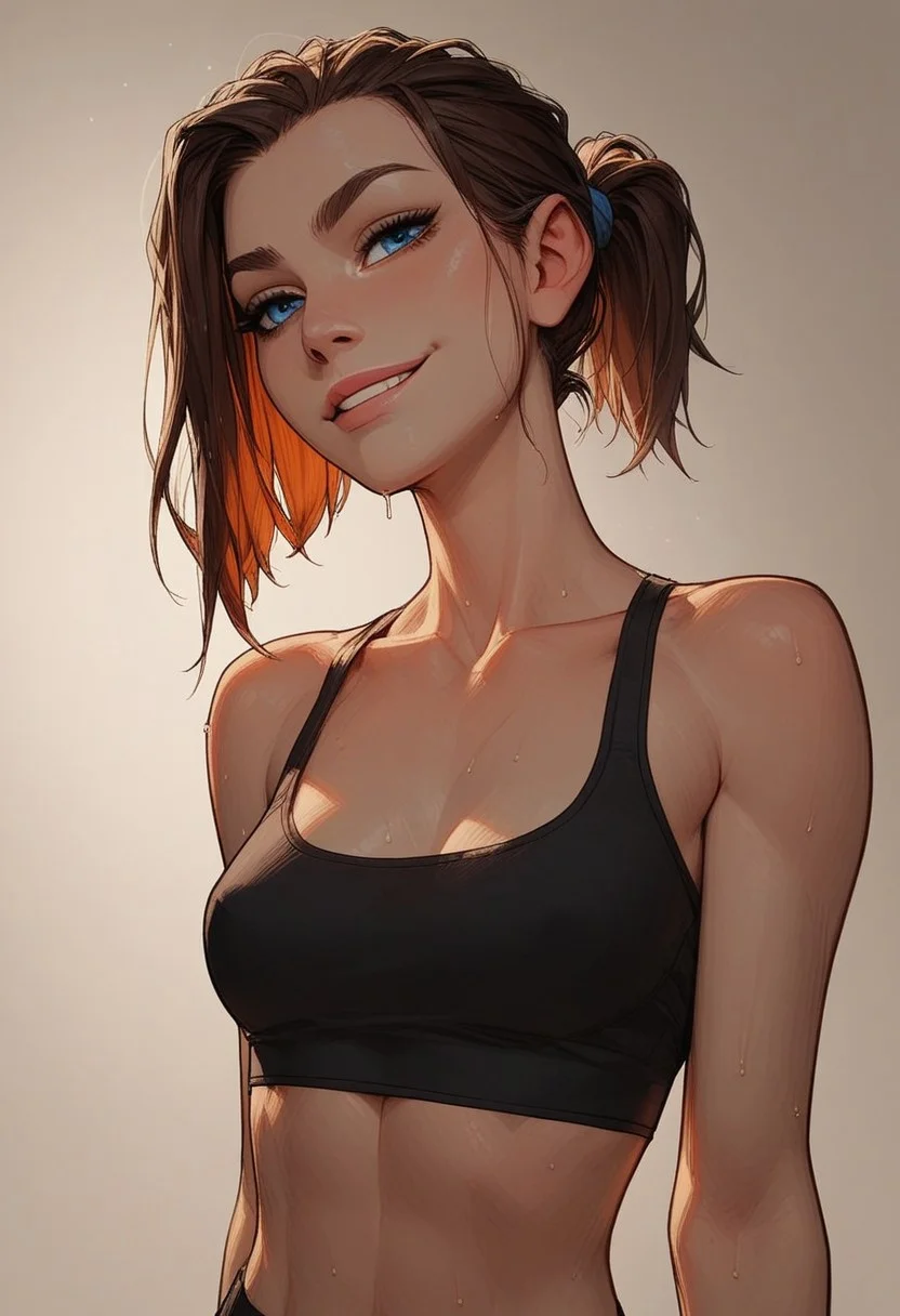 (score_9, score_8_up, score_7_up). ( line work, excellent drawing, highest quality, extremely detailed:1.2). 1girl, 20 years old, perfect face, adult face, solid blue eyes, beautiful blue eyes, long lashes, short ponytail, dyed streaks, soft skin, nympho, relaxed, confident posture, assertive, smirk, sweaty, shiny look, petite, athletic body, statuesque, fit, v line, gym girl, activewear, crop top, no bra, perky, g0thicPXL, romantic, cinematic lighting, volumetric lighting, source_cartoon, dynamic angle, cowboy shot, medium distance