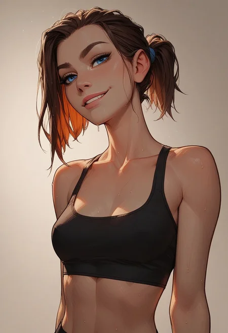 (score_9, score_8_up, score_7_up). ( line work, excellent drawing, highest quality, extremely detailed:1.2). 1girl, 20 years old, perfect face, adult face, solid blue eyes, beautiful blue eyes, long lashes, short ponytail, dyed streaks, soft skin, nympho, relaxed, confident posture, assertive, smirk, sweaty, shiny look, petite, athletic body, statuesque, fit, v line, gym girl, activewear, crop top, no bra, perky, g0thicPXL, romantic, cinematic lighting, volumetric lighting, source_cartoon, dynamic angle, cowboy shot, medium distance