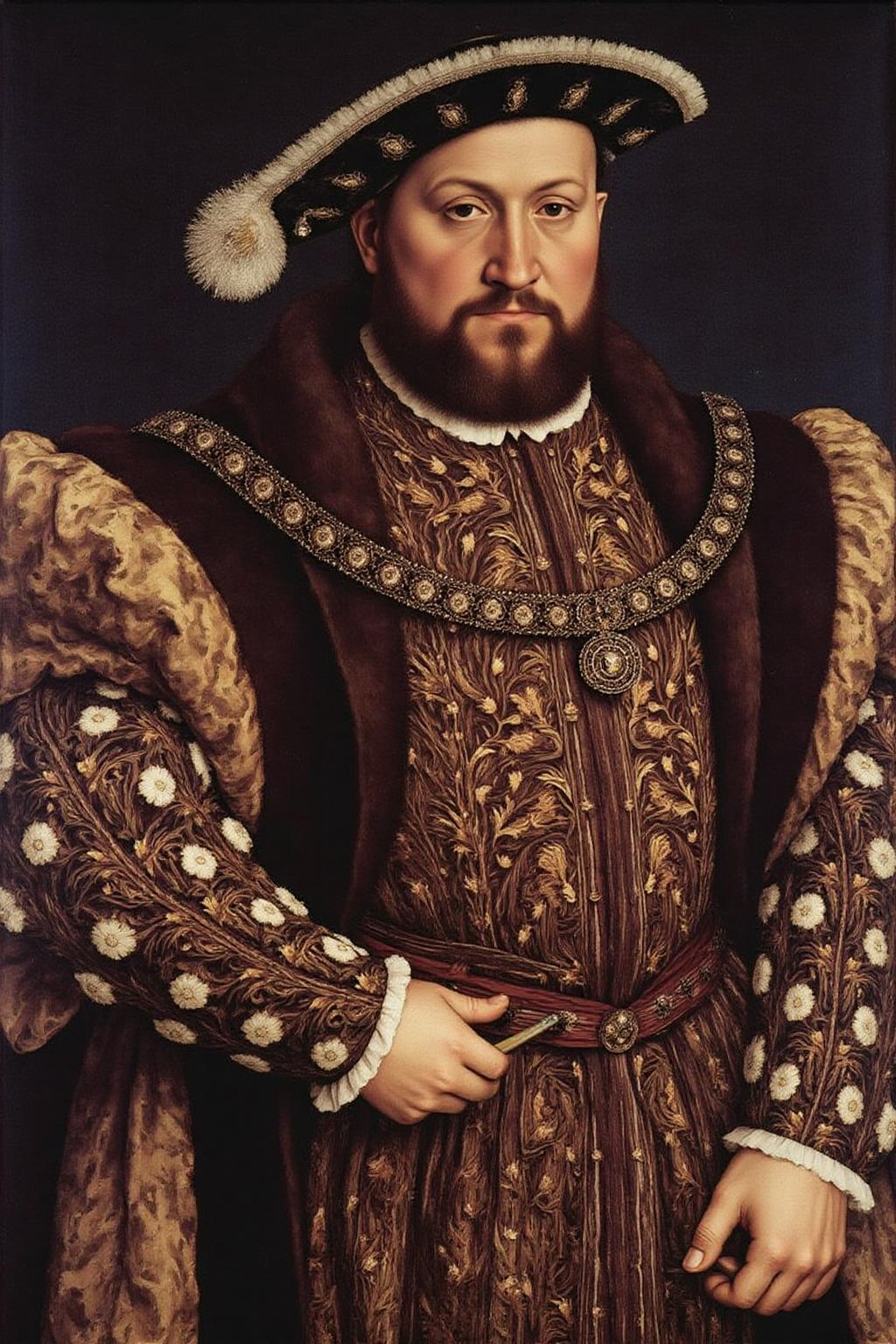 hansho1 painting
King Henry VIII, with a full, dark beard and a stern expression. He is dressed in rich, ornate clothing typical of the 16th century. His outfit includes a dark, possibly black, doublet adorned with intricate, gold embroidery depicting floral patterns and small, round medallions. The doublet is worn over a white, ruffled shirt, visible at the collar and cuffs. 
The king wears a large, elaborate hat with a black plume and a decorative, white, lace-like trim. <lora:hansho1_cap_d6a3e12:1.0><lora:816879372410653114:0>