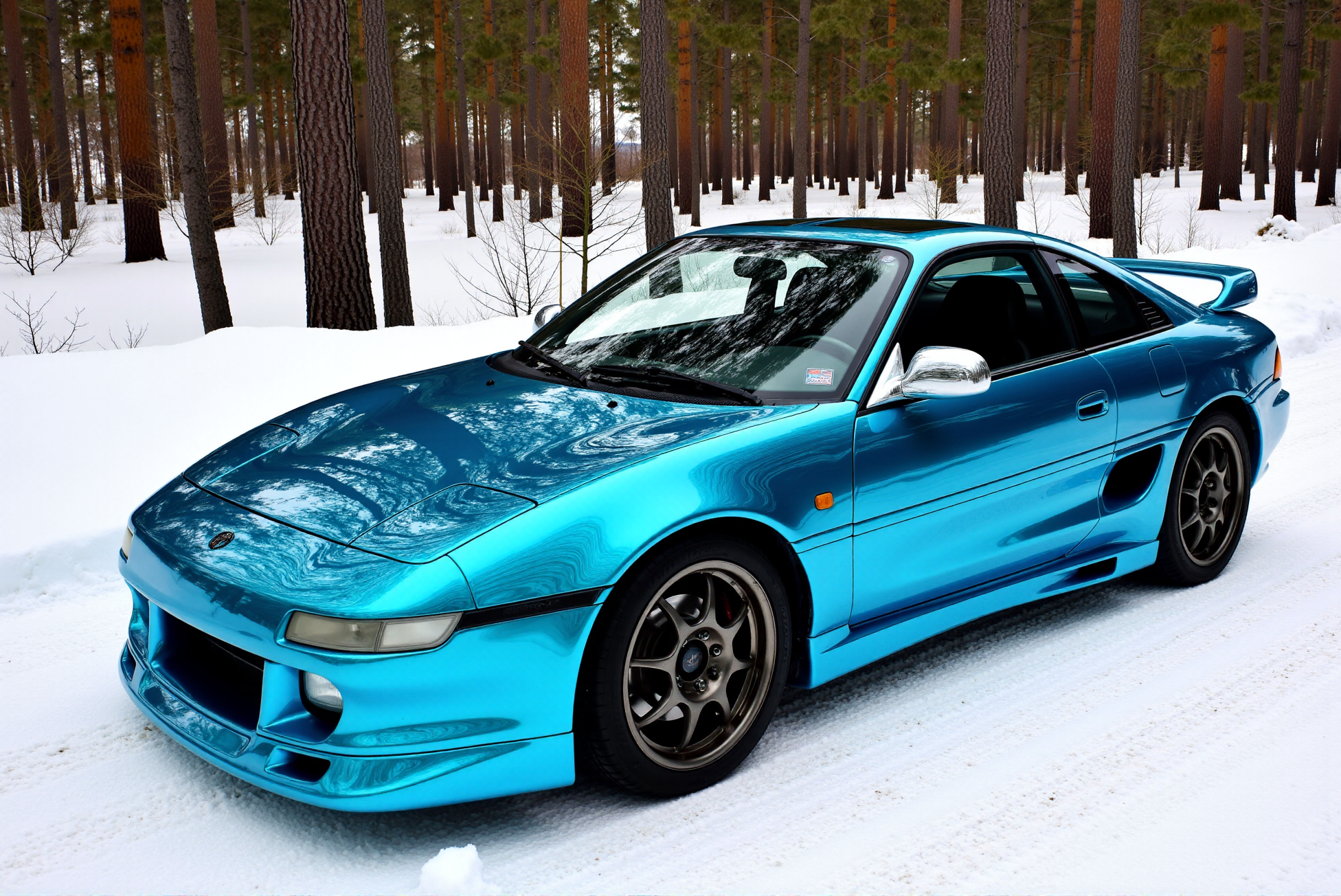 <lora:Toyota_MR2_SW20:0.8> 
An Toyota MR2 (SW20) wrapped in a brilliant high-gloss turquoise chrome finish, driving along a snow-dusted forest road lined with tall conifer trees. The mirror-like wrap captures the surrounding winter landscape with crystalline clarity, reflecting white snowbanks and shadowed tree trunks across the sculpted body panels. The deep turquoise hue enhances the flowing lines of the carâs designâfrom the sharp Xenon headlamps and aggressive front fascia to the fluid beltline that flows toward the rear quarter. Contrasting matte silver side mirrors and a gloss black roof create a visually dynamic break in the wrapâs continuity. Large split-spoke alloy wheels with low-profile winter tires complement the performance luxury aesthetic, while the carâs low stance emphasizes poise and precision in the frosty terrain. DoubleStream Style Layer: ultra-reflective chrome wrap in metallic turquoise with deep gloss finish, winter landscape setting with natural snowy textures and vertical forest lines, high-contrast outdoor photography emphasizing reflections and surface clarity, German executive sedan design captured in dynamic three-quarter top-down view, fusion of luxury, customization culture, and environmental integration through high-fidelity mirrored wrap detailing.
