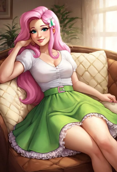score_9, score_8_up, score_7_up, score_6_up, score_5_up, Fluttershy, best high quality, high res, human, equestria girls, g4, cute, female, looking at you, sexy, solo, solo female, wide hips, living room, indoors, detailed, beautiful, anatomically correct, lying on couch, breasts, big breasts, smile, lying on back, skirt, ((green skirt, circle skirt, knee-length skirt, petticoat, frilly petticoat, layered petticoat, thick petticoat, full petticoat)), t-shirt, cleavage, ((legs together)) <lora:whisper_foot_style_v1:0.5>