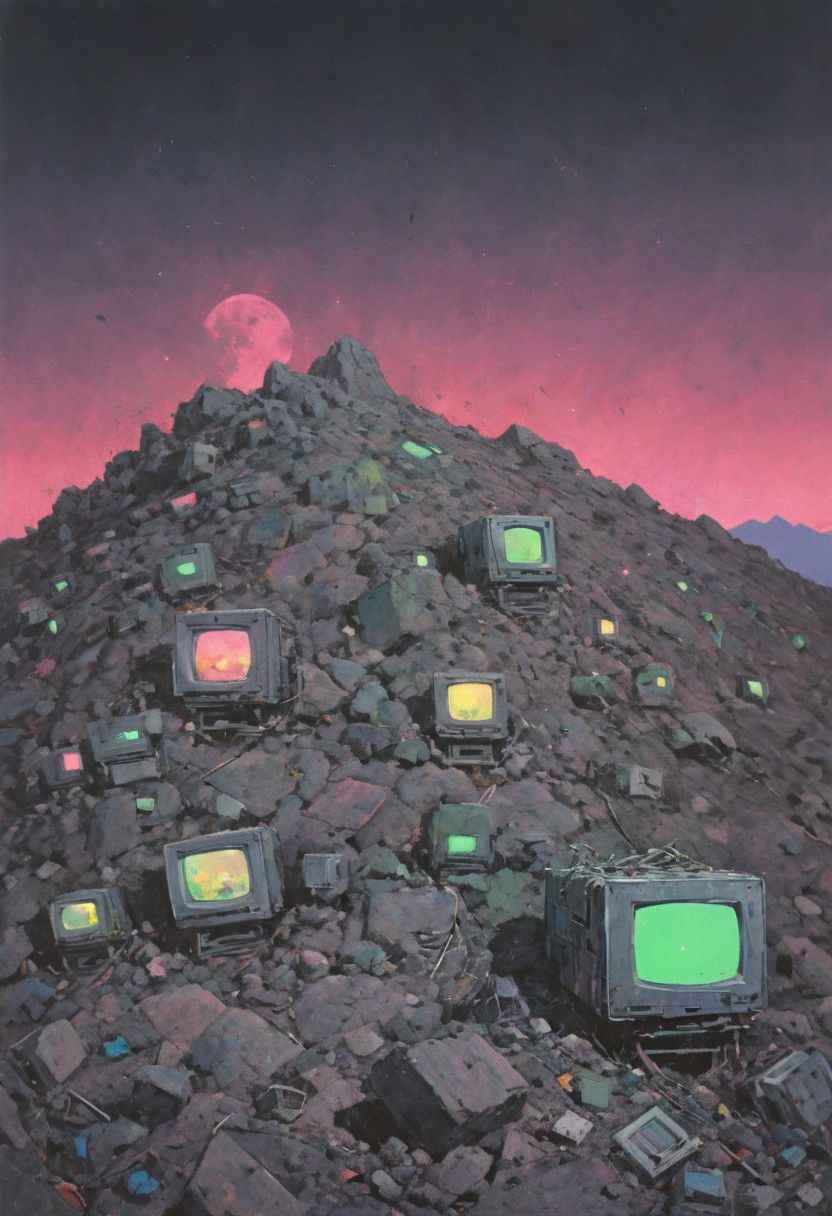 detailed colorful sketch by herg, n-eeyblch, neon-pastel Dark photo, Create a short story inspired by the photo of dystopian Himalayan Sherpas hauling a pile of old computers and electronic waste up a desolate mountain, with the vast landscape and a broken moon in the background.