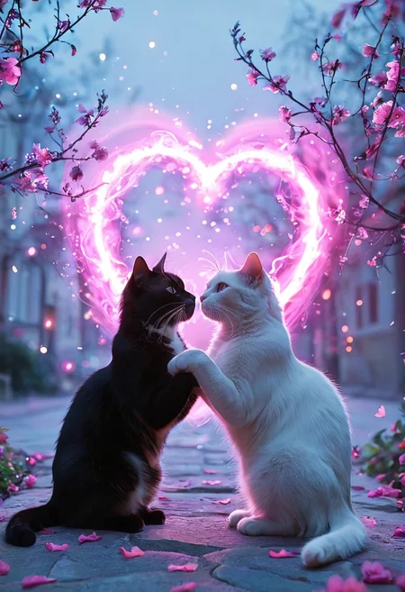 photograph of two floating cats, facing each other in an intimate and harmonious pose. The left cat is black, while the right cat is white, creating a striking contrast. They are surrounded by delicate, blooming branches with small flowers, adding a serene and romantic atmosphere. The background is softly blurred, focusing the viewer's attention on the cats and their interaction. The lighting is soft, emphasizing the texture of their fur and the gentle ambiance of the scene. pink heart in front of them, ethereal glowing swirls, mystical light particles, dreamy atmosphere, vibrant neon mist, twilight city street, hyper-detailed fabric texture, soft illuminated fog, cinematic soft lighting, glowing blue and magenta hues, fantasy realism, enchanted night