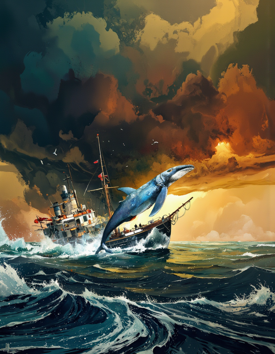 Art by Ismail Inceoglu.
A dramatic digital illustration shoot from a far camera angle about a dramatic scene depicting a large stormy sky with vibrant colors and a ship in the foreground. in the middle of the image, a large, majestic blue whale is facing the viewer with its mouth open, as if it is about to take flight. the whale's tail is visible, and it appears to be in mid-air, with its fins and tail visible. the ship is partially submerged in the ocean, with a few birds flying around it. the ocean is a deep blue-green color, and the waves are crashing against the shore. the sky is filled with dark, stormy clouds, with orange and yellow hues, creating a dramatic contrast with the deep blue of the ocean.