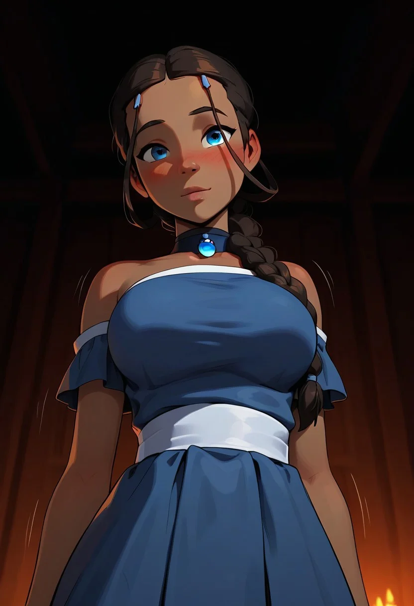 score_9, score_8_up, score_7_up, score_6_up, Expressiveh,pretty face, detailed face, (cute face:1.2), soft and smooth skin,look full of adoration, anticipated, highly detailed, dynamic pose, detailed background,Katara, avatar the last airbender, 1girl,(dark skin girl), blue eyes, (one short braid:1.4), large breasts, (large breasts), blurry background, blush, (room), seductive, (dynamic angle:1.5), (dress:1), (motion lines), (standing:1.5),