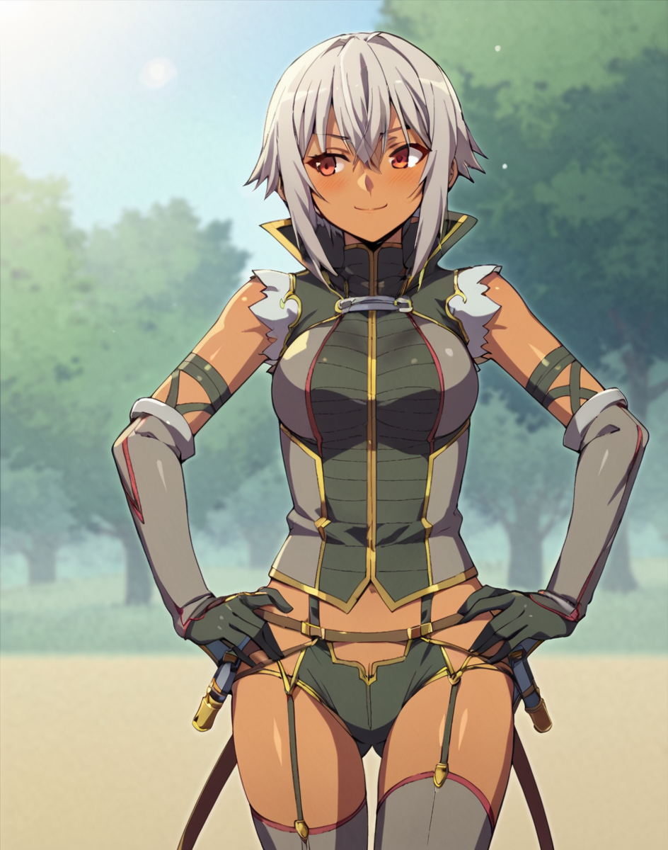 score_9, score_8_up, score_7_up, score_6_up, score_5_up,  ((source_anime)),grey hair, dark skin, , blushing, looking to side, smile  <lora:f4nguni:1> f4nguni, wearing f4nguni , cowboy shot, hands on hips, thighhighs, garter straps, elbow gloves, 1girl, solo, miniskirt