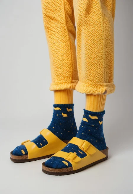 (photograph of woman's feet wearing socks and sandals and leggings), 1girl, solo, dynamic_pose, simple_background, white_background, scksnsndls, patterned blue socks, lower_body, footwear_focus, yellow leggings, birksonsocks, birkenstock