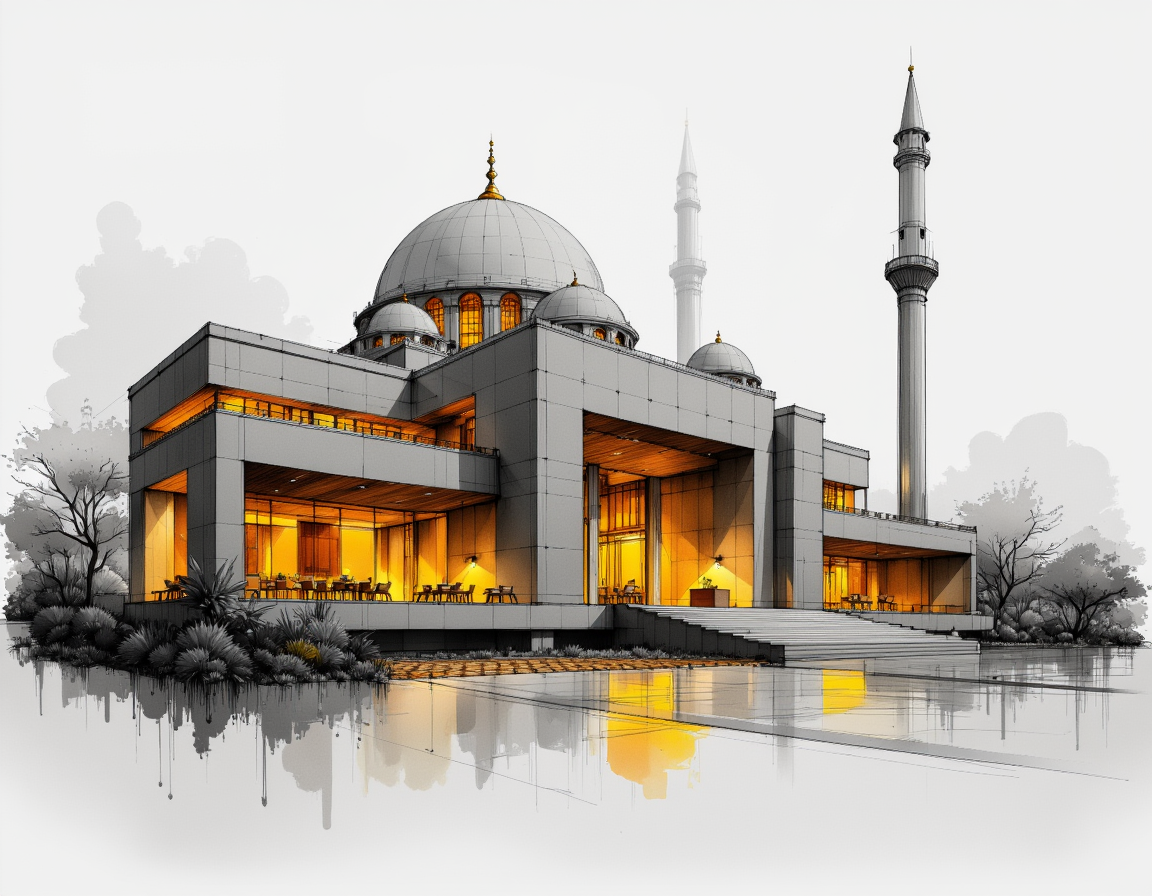 An artistic architectural sketch of a mosque. Masterpiece, best quality.
The site is lit by lighting professionals, illuminated by warm yellow lights, monochromatic with grey tones and soft yellow highlights, creating a subtle illumination effect. Schematic, fluid lines that convey ideas rather than precision, Quick sketches to explore ideas and concepts.