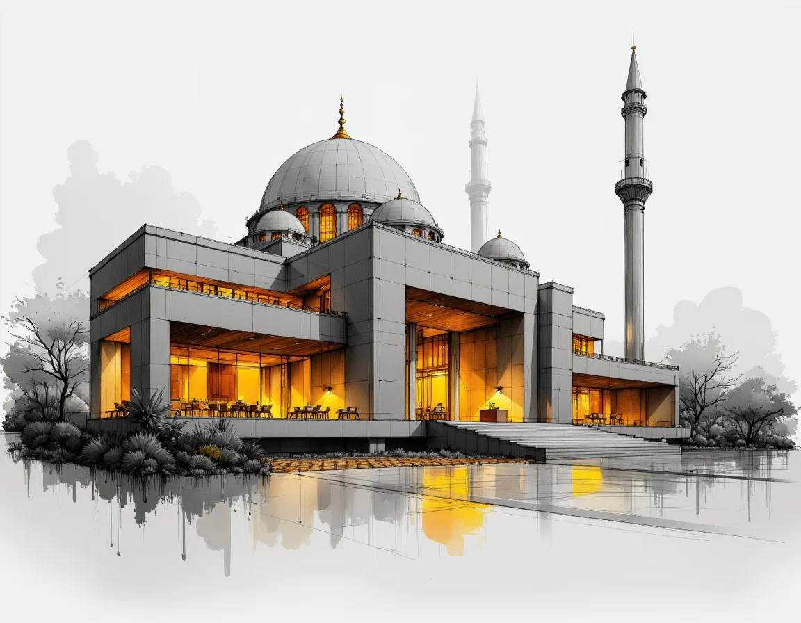 An artistic architectural sketch of a mosque. Masterpiece, best quality.
The site is lit by lighting professionals, illuminated by warm yellow lights, monochromatic with grey tones and soft yellow highlights, creating a subtle illumination effect. Schematic, fluid lines that convey ideas rather than precision, Quick sketches to explore ideas and concepts.