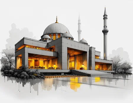 An artistic architectural sketch of a mosque. Masterpiece, best quality.
The site is lit by lighting professionals, illuminated by warm yellow lights, monochromatic with grey tones and soft yellow highlights, creating a subtle illumination effect. Schematic, fluid lines that convey ideas rather than precision, Quick sketches to explore ideas and concepts.