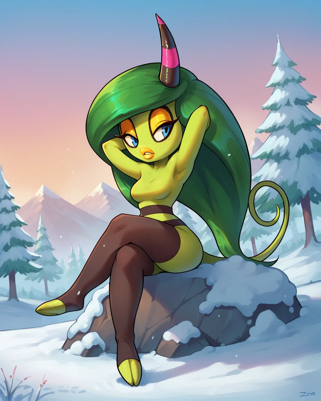 score_9, score_8_up, score_7_up, solo, 1girl, Zeena, horn, long hair, green skin, green hair, blue eyes, yellow lips, makeup, tail, looking to side, looking away, raised arms, hands behind head, sitting, crossed legs, BREAK, dynamic angle, detailed background, outdoors, snow, <lora:Zeena_-_Sonic_Lost_World_Character_PonyDiffusionXL:1>
