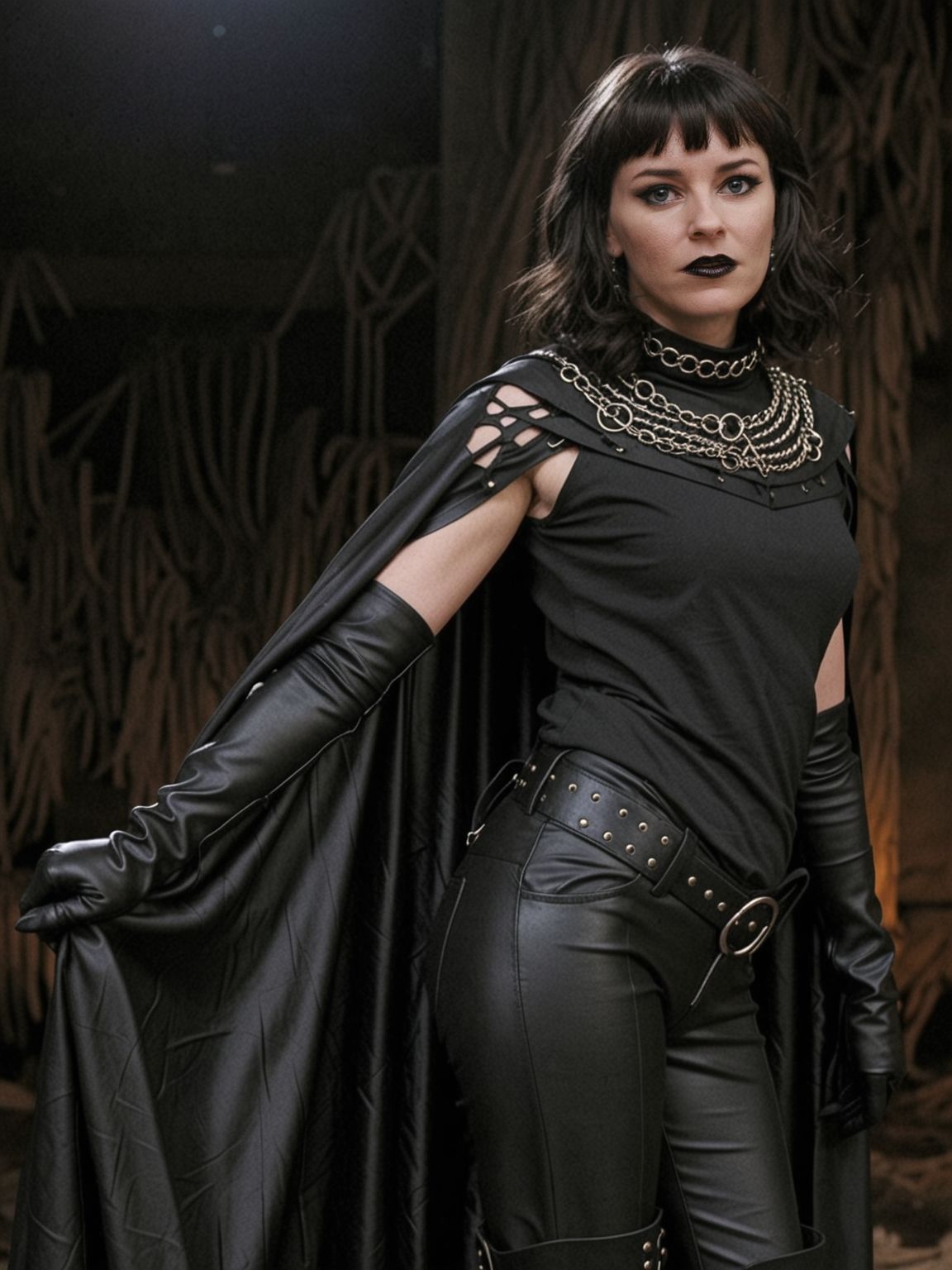 (covered torso:1.7),(black shirt:1.9),(clean:1.2),alternative goth,(black hair:1.2),messy hair,bangs,neck accessory,eyeshadow,mascara,black lipstick,elbow gloves,cape,
<lora:dmd2_sdxl_4step_lora_fp16:1>
<lora:elbanks_v3_biglust:1>elbanks woman,highly detailed,
dark environment,full body shot,boots,black pants, rating_safe,clothed
