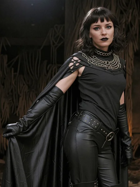 (covered torso:1.7),(black shirt:1.9),(clean:1.2),alternative goth,(black hair:1.2),messy hair,bangs,neck accessory,eyeshadow,mascara,black lipstick,elbow gloves,cape,
<lora:dmd2_sdxl_4step_lora_fp16:1>
<lora:elbanks_v3_biglust:1>elbanks woman,highly detailed,
dark environment,full body shot,boots,black pants, rating_safe,clothed
