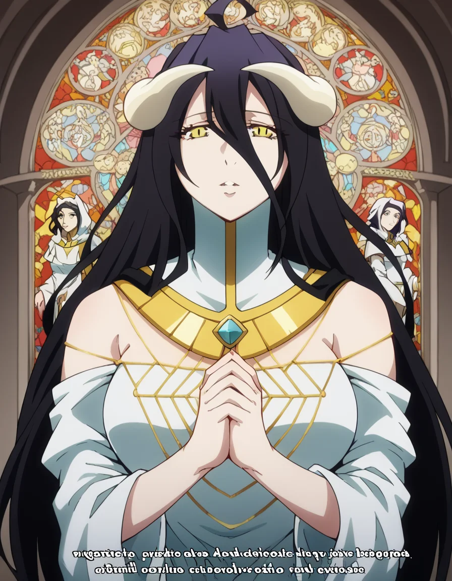 score_9, score_8_up, score_7_up, source_anime, <lora:overlord-albedo-s1s2-ponyxl-lora-nochekaiser:1>, albedo, ahoge, black hair, horns, long hair, yellow eyes, large breasts,, <lora:buddhist-nun-ponyxl-lora-nochekaiser:1>, buddhist nun, nun, habit, vitakra mudra, mudra, coif, gold necklace, priestess,, church, parted lips, praying,, cowboy shot