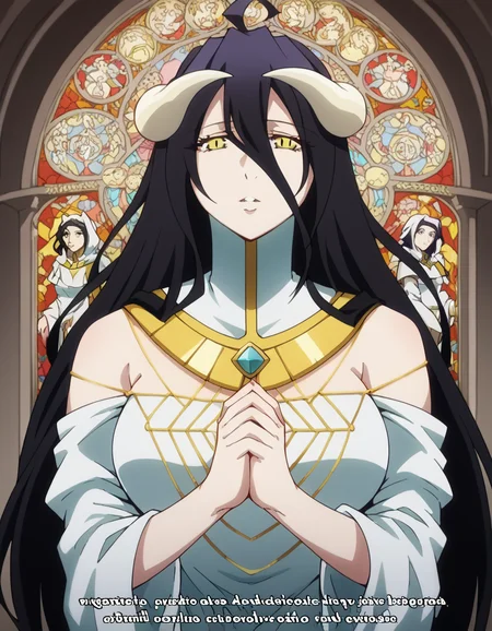 score_9, score_8_up, score_7_up, source_anime, <lora:overlord-albedo-s1s2-ponyxl-lora-nochekaiser:1>, albedo, ahoge, black hair, horns, long hair, yellow eyes, large breasts,, <lora:buddhist-nun-ponyxl-lora-nochekaiser:1>, buddhist nun, nun, habit, vitakra mudra, mudra, coif, gold necklace, priestess,, church, parted lips, praying,, cowboy shot
