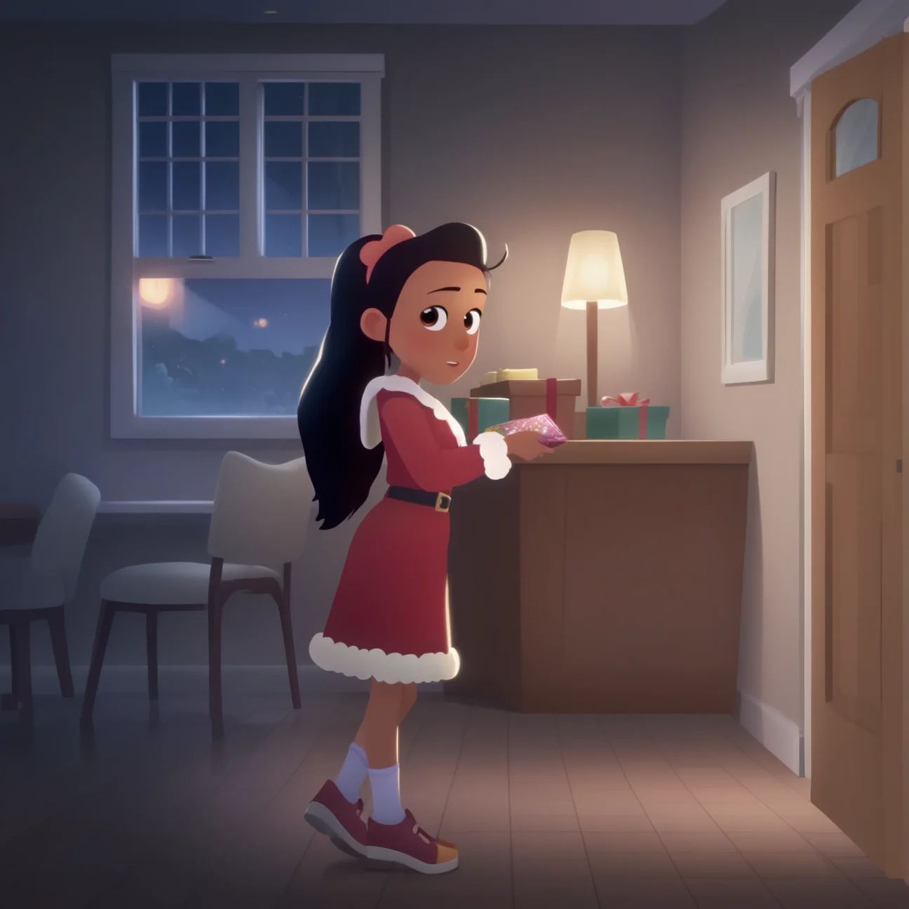 (zPDXL3) source_cartoon, Perfect Hands, full body, handsfree, poke_ava, 1girl, solo, dark-skinned female, black hair, long hair, ponytail, (Santa Claus outfit:1.2), (looking at viewer), laying on sofa, seductive, flirty, blush, night, window, (Christmas decorations:1.3), skinny, short stack, smile, Christmas theme , Particles,
dramatic angle, unique perspective, dynamic angle, very aesthetic,(masterpiece:1.4), (best quality), (colorful), (detailed),
<lora:Perfect Hands:1> <lora:Path_to_the_Peak_Ava:1>