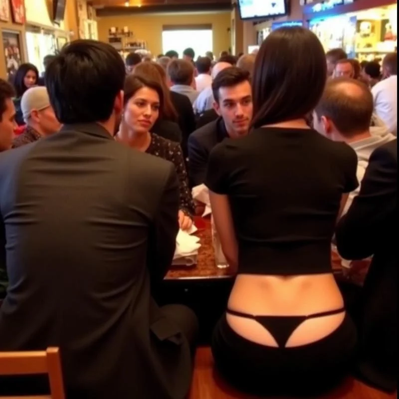 whaletail. sexy latin woman in crowded cafe sitting on leafless bench in thight black top and black pants with her black thong visible.whaletail, male boyfriend sitting next to her grabing her ass and touching her thong, while she is talking to other person he stares at her ass