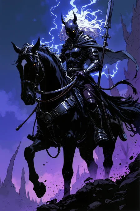 A night rider whose armor blends leather, metal, and living shadow. Her mount appears constructed from midnight mist and starless energy. Weapons materialize from darkness around her body. Silver threads trace magical connections across her equipment. Desolate landscape of eternal twilight surrounds her. , detailed background Fantastic lighting. Detailed shadows.intricate details, vivid colors, hyper-detailed, ultra-sharp, , <lora:Ev_Ganin:0.4><lora:Vintage comic book:0.4><lora:RetroAnimeFluxV1:0.15><lora:Greg_Capullo_style:0.4><lora:jeanClaude_Mzires_Style_FLUX-000001:0.4><lora:Flux_Ink_Anime:0.4>