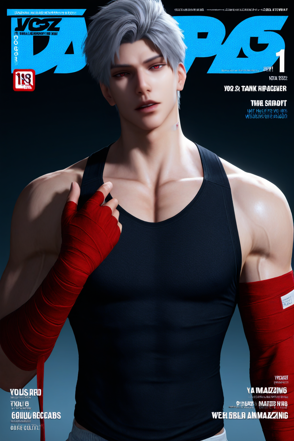 <lora:sylus-NAI:0.7>,sylus, red eyes, grey hair, realistic, tank top,parted lips,magazine cover,looking at viewer,bandaged hands,red bandage,adjust bandage, 1boy,solo,yaoi,bara,male focus,very awa,masterpiece,best quality,amazing quality,nsfw,uncersored,highres,best quality,amazing quality,best aesthetic,absurdres,