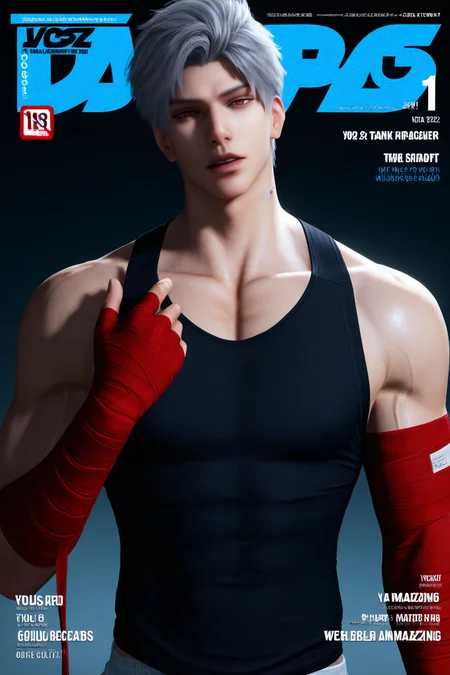<lora:sylus-NAI:0.7>,sylus, red eyes, grey hair, realistic, tank top,parted lips,magazine cover,looking at viewer,bandaged hands,red bandage,adjust bandage, 1boy,solo,yaoi,bara,male focus,very awa,masterpiece,best quality,amazing quality,nsfw,uncersored,highres,best quality,amazing quality,best aesthetic,absurdres,