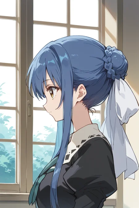 score_9, score_8_up, score_7_up, score_6_up,
<lora:Tamao_Suzumi:1> tamao, miator, 1girl, solo, blue hair, school uniform, profile, upper body, sidelocks, braid, window, hair bun, ribbon, long sleeves, from side, juliet sleeves, hair ribbon