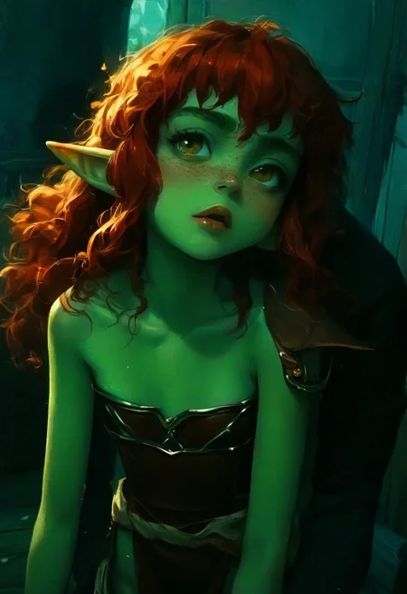 score_9, score_8_up, score_7_up, <lora:Smol:0.4>,smoll, 1girl, goblin, dark green skin,  solo female focus, large pointed ears. skinny, wild red hair, long hair, loose curly hair, green skin, freckles, Freckled ass, beautiful yellow eyes, small breasts, brown loin cloth, chest wrap. Pouting lips. Blushing,  happy loving expression.  Held off ground. Carried. 
1boy, muscular human man. Huge man. Giant man, Adventurers leather armor, Head hidden out of frame.  Dynamic angle. Big dom small sub, hetero, size difference, standing, hugging.
Inside Tavern bedroom