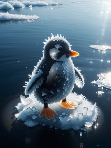 penguin covered in mad-ice standing on ice float, cinematic shot, ocean, sunshine <lora:Ice_SDXL:1>, raw photo, film grain, Fujifilm XT3, (photorealistic, realistic:1.2), deep shadow, 8k, uhd, dslr, ultra high res