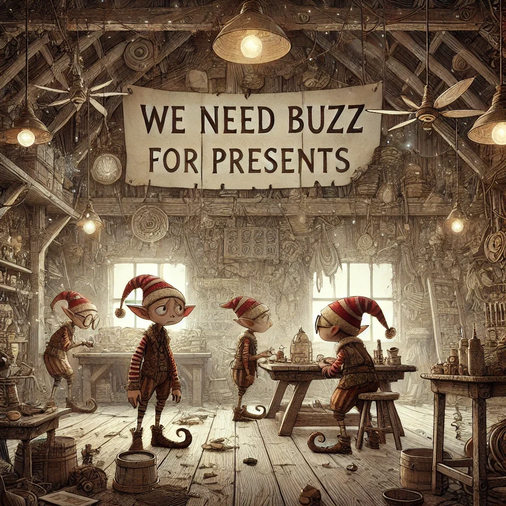 A detailed and handcrafted scene in the style of 'Wolfwalkers,' featuring Santa's elves in an empty workshop. The elves are expressive and slightly distressed, surrounded by empty workbenches and unused tools. The atmosphere is magical yet somber, with soft glowing lights and intricate linework. The bold text 'WE NEED BUZZ FOR PRESENTS' is prominently displayed in an artistic and rustic font, blending seamlessly with the scene. The color palette is warm and earthy, emphasizing the 2D animation feel with layered textures and an organic, handcrafted quality. The setting reflects a mix of whimsy and urgency.