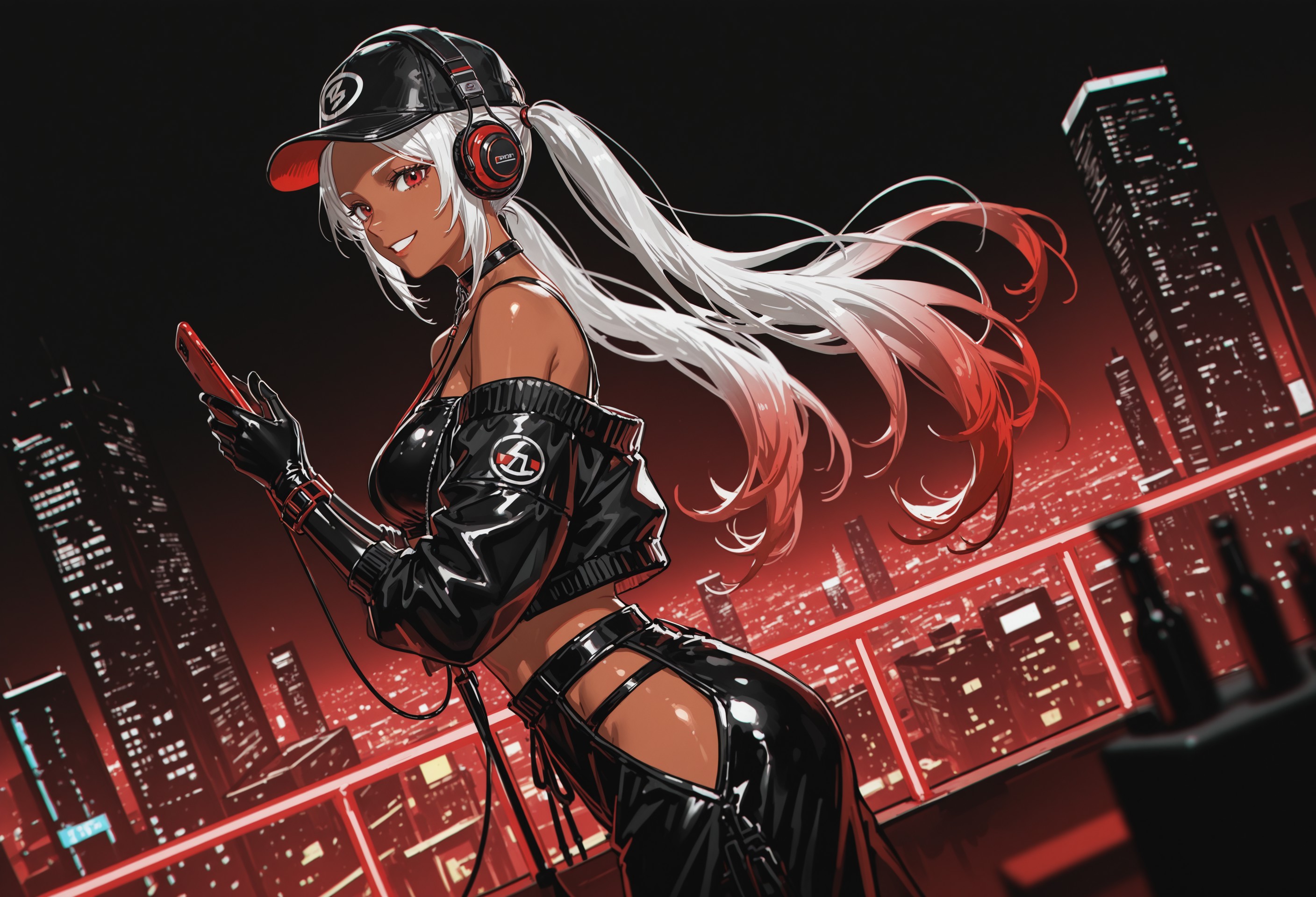 (mento:1.4), thick lineart, thick outline, highlight, painterly, shadow, (chromatic aberration:1.7), dutch angle, 
BREAK,
1girl, solo, from side, floating hair, floating clothes, smiling, sideway glance, looking at viewer, hold phone, 
BREAK,
techwear, off-shoulder jacket, open jacket, baggy pants, baseball_cap, long sleeves, latex elbow gloves, choker, wrist_straps, skindentation, hip vent, midriff opening, headphone, 
BREAK, 
(aged up:1.3), two-tone hair, gradient hair, sidelocks, forehead, parted bangs, twintails, brown skin, wide hip, white hair, red gradient hair, 
BREAK,
red theme, abstract background, blurry foreground, cityscape, city_lights, 
BREAK, 
lazypos, masterpiece, very aesthetic, best quality, incredibly_absurdres, absurdres, highres,