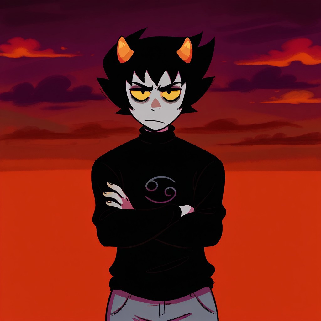 0up, Karkat_Vantas, grey skin, nubby horns, yellow sclera, black hair, black sweater, grey pants, crossed arms, red sky, night