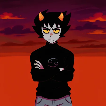 0up, Karkat_Vantas, grey skin, nubby horns, yellow sclera, black hair, black sweater, grey pants, crossed arms, red sky, night