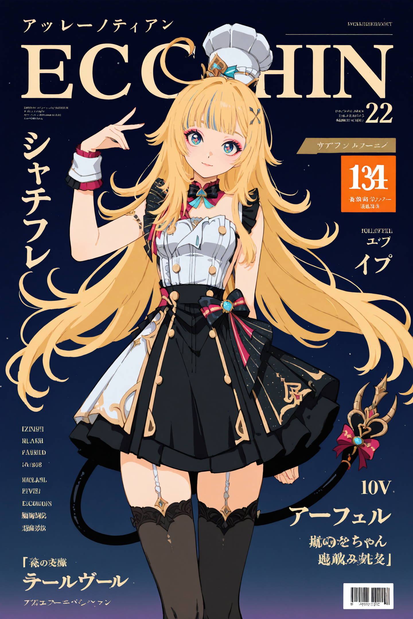 narrow waist,(slim:1.2, athletic),hime cut,head slightly back,tilt head,posing,eyeshadow,multi-colored hair,streaked hair,
japanese magazine cover,model,idol,pastell colors,colorful,
<lora:escoffier-ill-Tanger-000013:0.8>,
escoffier \(genshin impact\),clothes: escoffier def white and black dress,escoffier chef's hat,1girl,thighhighs,long hair,ahoge,blue eyes,escoffier fake devil tail,blonde hair,
very awa,masterpiece,highres,absurdres,Flatline,Flat vector illustration,vfaix,retro_artstyle,
<lora:veluflora-wai:0.7>,vfaix,<lora:NOOB_vp1_detailer_by_volnovik_v1:0.3>,<lora:noobai_ep11_stabilizer_v0.138_fp16:0.3>,<lora:ponyv6_noobV1_2_adamW-000017:0.3>,(jyt:0.75),<lora:96YOTTEA-WAI:0.45>,