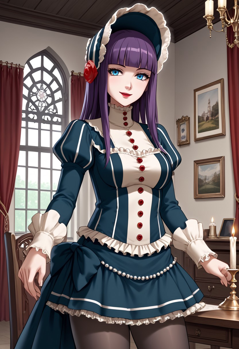 score_9,score_8_up,score_7_up,source_anime,5_figner,2d_animation,game cg,BREAK,1girl,solo,Loretta Lecarde,purple hair,blunt bangs,hime cut,blue eyes,long hair,red lips.lolitafashion,bonnet,pantyhose,red rose,dress,mini skirt,
medium breasts,smile,front view,cowboy short,looking at viewer,
red curtain.gothic room,medieval interior,
indoor,window,chandelier,candle,white wall, 
desk,chair,blackboard,window, 
masterpiece,best qualit,ultra-detailed,illustration,an extremely delicate and beautiful,beautiful detailed eyes,unity 8k wallpaper,high resolution,anime CG,official_art,