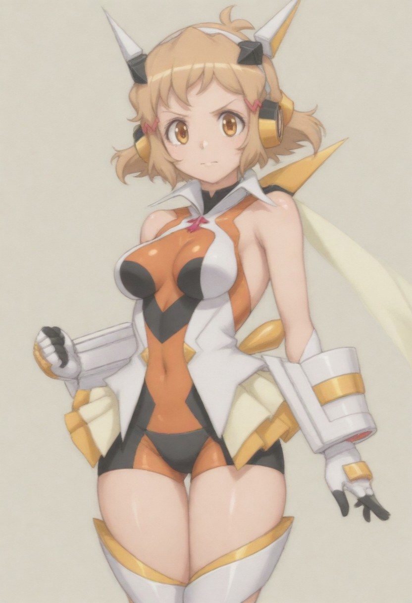 masterpiece, best quality, amazing quality,,, shiny skin,,,, SymphoBikkie, blonde hair, fluffy hair, yellow eyes, short hair, red hair clip, red symphogear necklace, orange and black_gng_shirt, orange and black gng_headgear, gold and white gng_bow, white gng_collar, bare shoulders, white gng_jacket, sleeveless jacket, orange and black gng_bike_shorts, black crotch plate, white and yellow gng_waistcape, white and gold gng_gauntlet with red trim, white gloves with black fingers, white and yellow gng_thighstraps, white and black gng_boots with yellow highlights, gng_scarf, yellow and white gng_back_neck_bow with black trim,