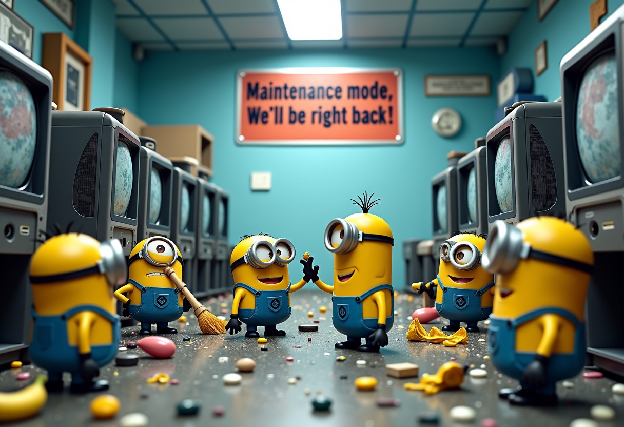 multiple minions working to clean up a big room full of debris and broken machines, on a corner a minion with a hammer is hitting the top of a broken computer monitor, there is broken glass on the floor and a banana peel, one minion is sweeping the floor, one minion is smiling and waving at the viewer, one rude minion sticking out the tongue, another minion getting ready to light the fuze of a bomb, while another minion close by is covering his ears with his hands.  A big sign hanging from the ceiling that reads "Maintenance mode, we'll be right back ! "