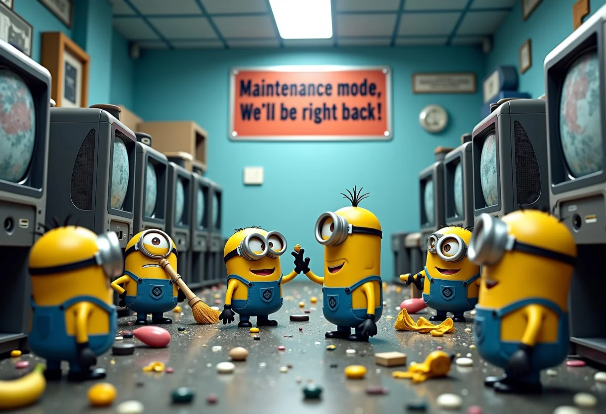 multiple minions working to clean up a big room full of debris and broken machines, on a corner a minion with a hammer is hitting the top of a broken computer monitor, there is broken glass on the floor and a banana peel, one minion is sweeping the floor, one minion is smiling and waving at the viewer, one rude minion sticking out the tongue, another minion getting ready to light the fuze of a bomb, while another minion close by is covering his ears with his hands. A big sign hanging from the ceiling that reads "Maintenance mode, we'll be right back ! "