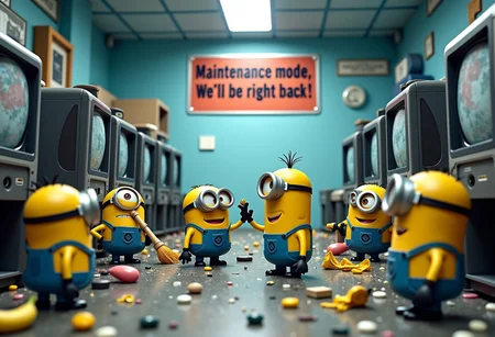 multiple minions working to clean up a big room full of debris and broken machines, on a corner a minion with a hammer is hitting the top of a broken computer monitor, there is broken glass on the floor and a banana peel, one minion is sweeping the floor, one minion is smiling and waving at the viewer, one rude minion sticking out the tongue, another minion getting ready to light the fuze of a bomb, while another minion close by is covering his ears with his hands. A big sign hanging from the ceiling that reads "Maintenance mode, we'll be right back ! "