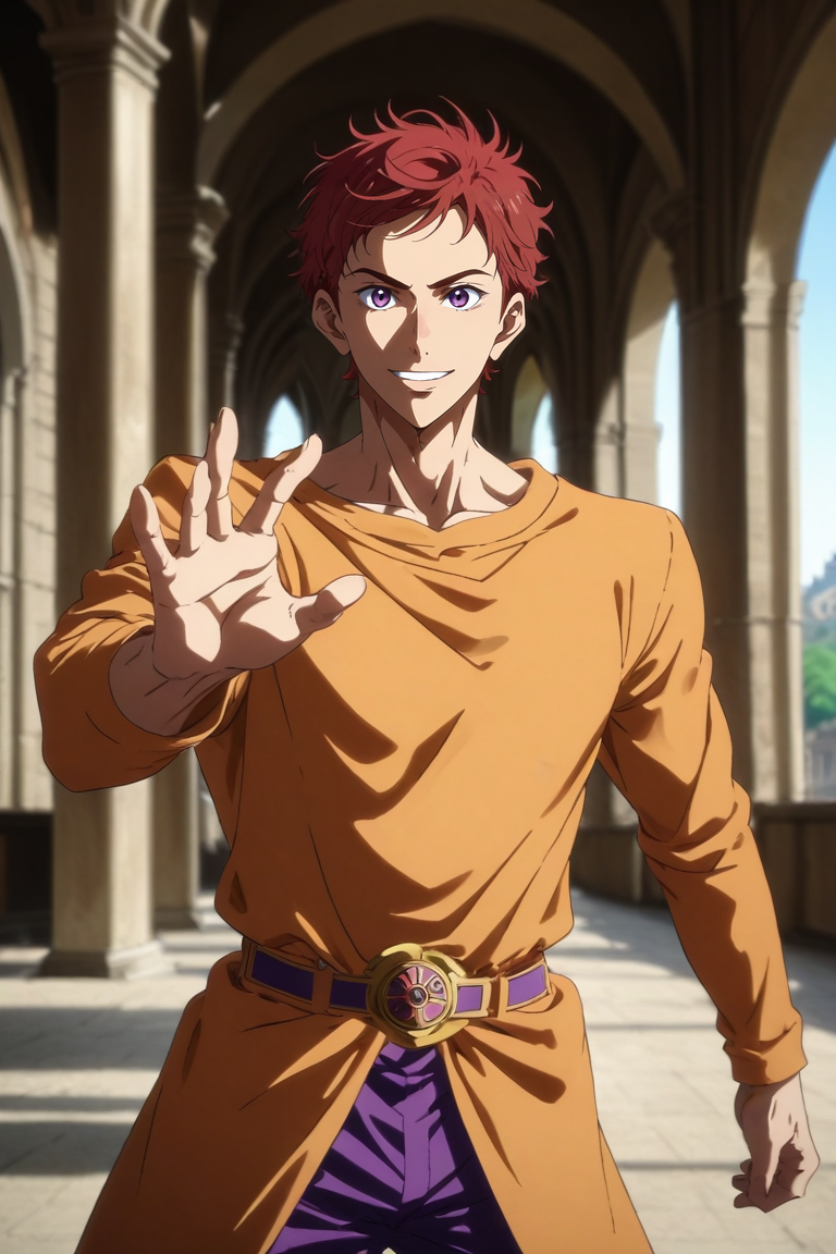 score_9, score_8_up, score_7_up, source_anime, rating_safe, , (photorealistic:0.6), , depth of field, 1boy, solo, male focus, <lora:asahi_shiina_pony:0.98>, asahi_shiina, red hair, purple eyes, short hair, cowboy shot, palace, dark, jojo pose, smile, , <lora:sdxl_lightning_8step_lora:1>