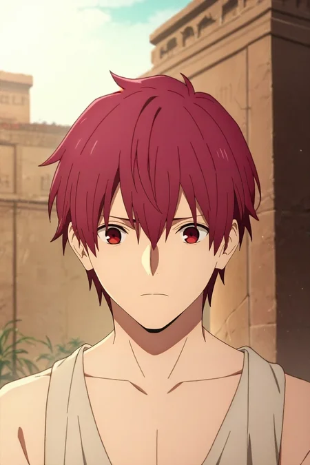zPDXL, score_9, score_8_up, score_7_up, rating_safe, intricate details, , depth of field, 1boy, male focus, <lora:souma_shiki_pony:0.70>, souma_shiki, red hair, red eyes, short hair, hair between eyes, bangs, solo, upper body, ancient ruins, day, sunny, yoga, sad, <lora:fate_go_style_pony:0.88>, fate_go_style, , <lora:sdxl_lightning_8step_lora:1>