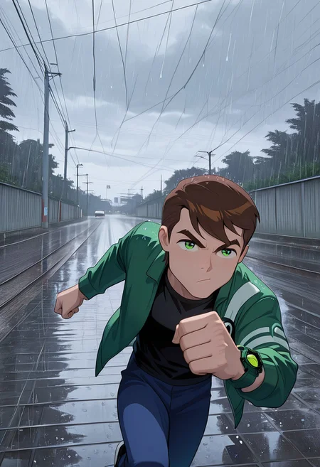 masterpiece, best quality, amazing quality, very aesthetic, absurdres, newest, detailed background,
solo, benuaf, short hair, 1boy, brown hair, green jacket, open jacket, black shirt, long sleeves, thick eyebrows, blue pants, green eyes, green watch, angry,, wide face, wide head,
incoming punch, blowing jacket, strong winds, gray sky, everywhere, rain,
re4lity_sync_illu, foreshortening, scenery, photo background