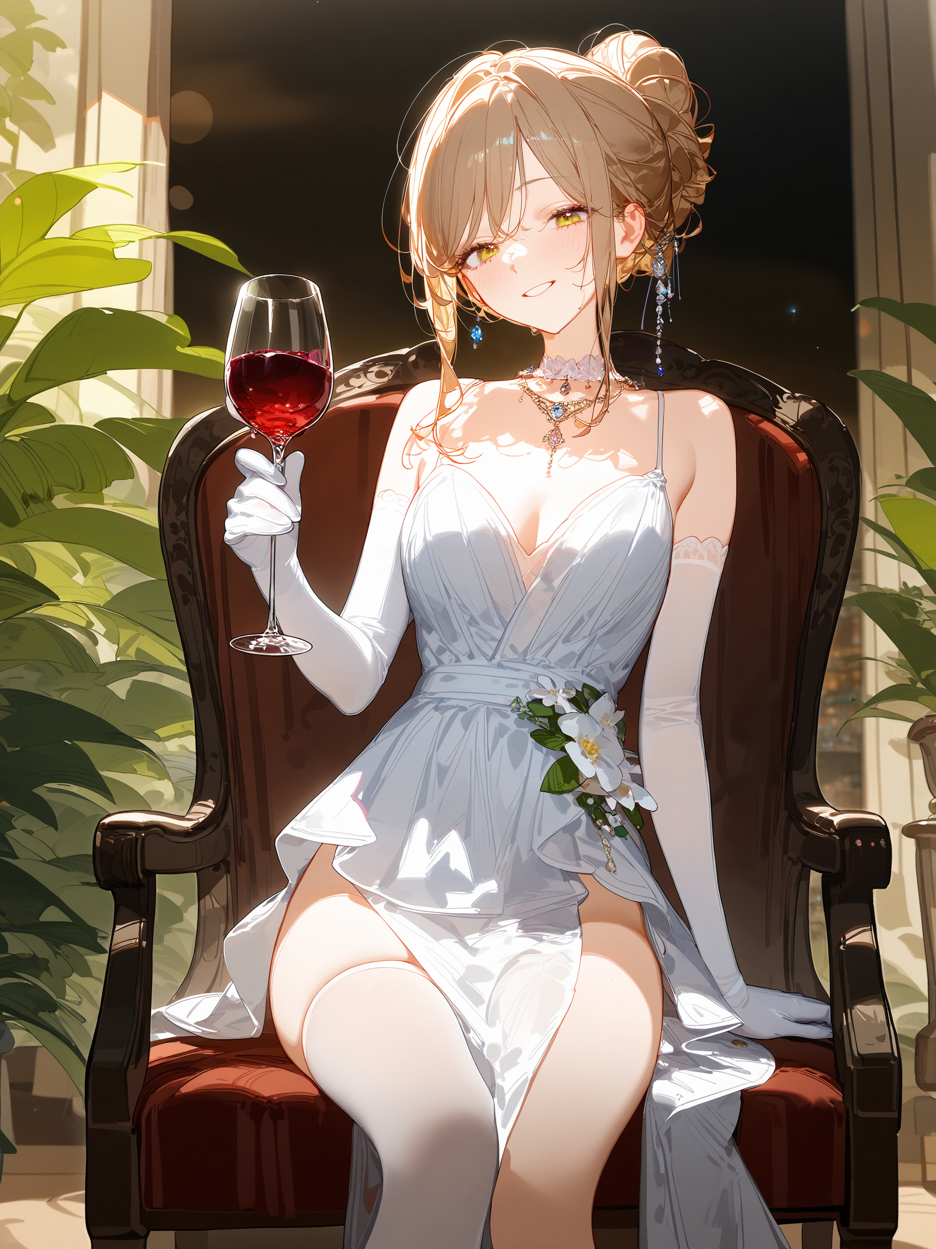 1girl, sena ajisai, hair up, solo, elbow gloves, necklace, evening gown, light smile, ball room, indoors, depth of field, cowboy shot, sitting, chair, flower, holding cup, wine glass <lora:Char-Sena_Ajisai-V1-SDXL:0.9>, illustration, incredibly absurdres, ultra detailed, masterpiece, best quality, perfect features, intricate details, ray tracing, very aesthetic, (hitenkei, askzy:0.4), [<lora:XL-detailed_notrigger:0.95>::0.5], [:<lora:XL-aesthetic_anime:1.2>:0.5]