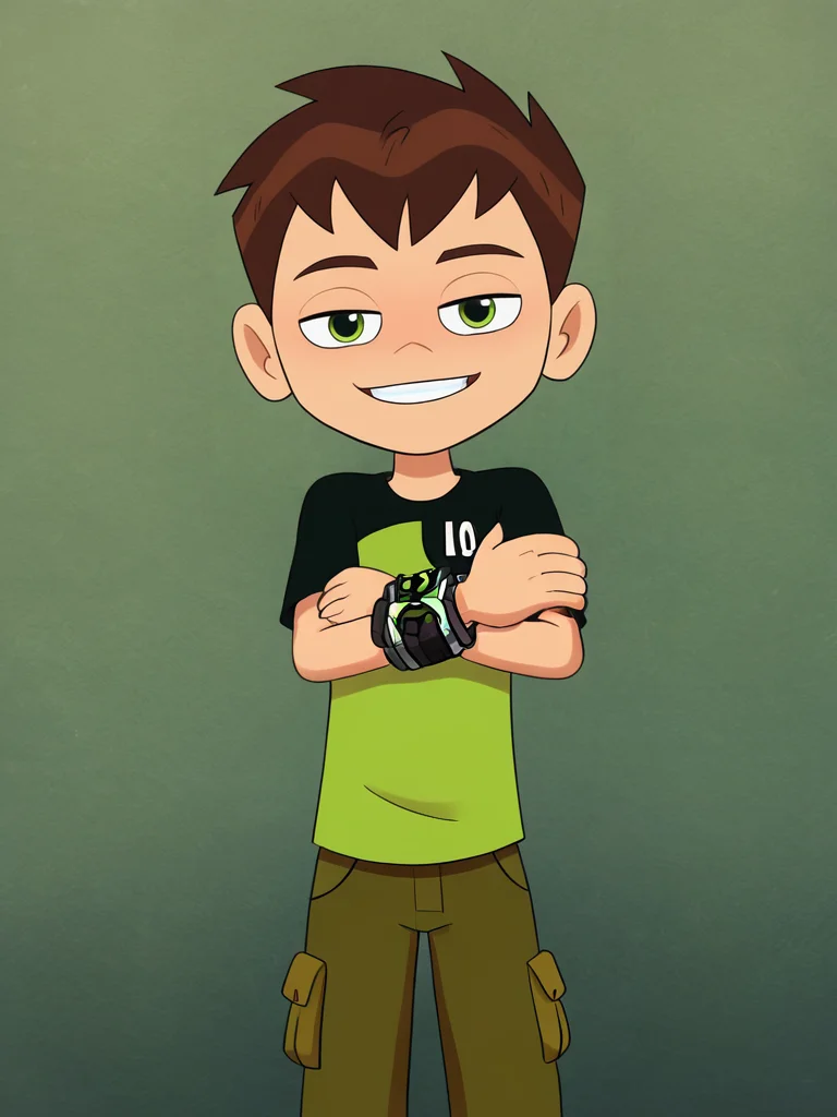 masterpiece,best quality,highres, <lora:ben10reboot:0.7>,ben_tennyson,wristwatch,smile,green shirts,green eyes,short hair,1boy, cargo pants,solo, looking at viewer, half-closed eyes,