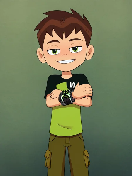 masterpiece,best quality,highres, <lora:ben10reboot:0.7>,ben_tennyson,wristwatch,smile,green shirts,green eyes,short hair,1boy, cargo pants,solo, looking at viewer, half-closed eyes,
