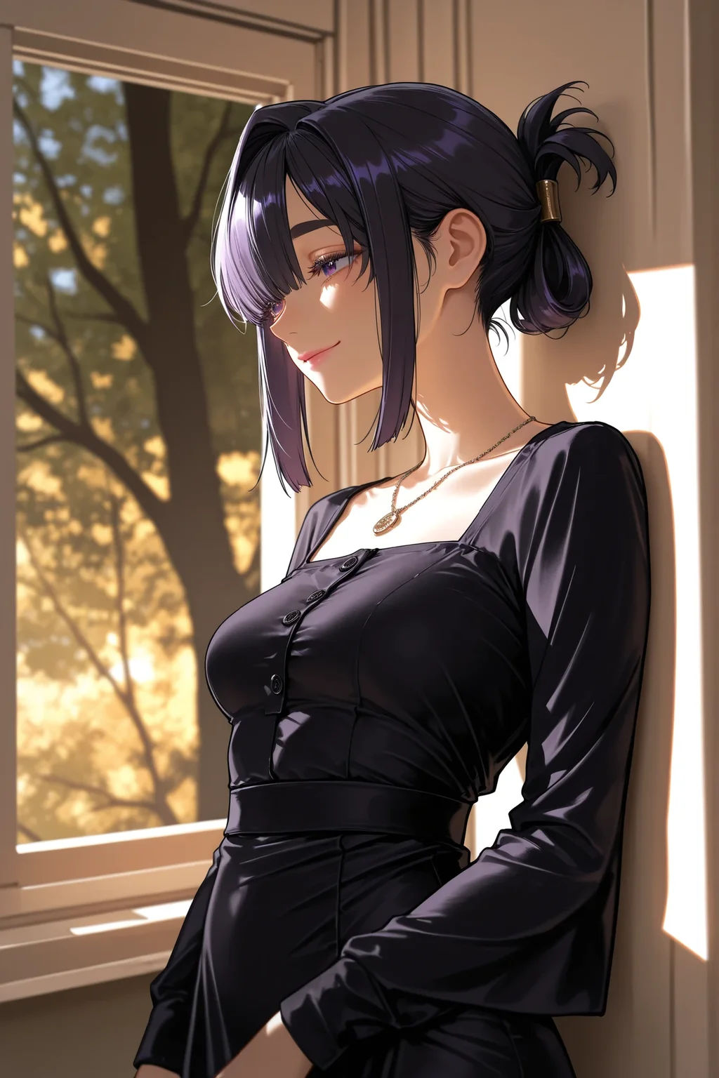 masterpiece, best quality, amazing quality, very aesthetic, absurdres, newest, scenery, anime coloring,
1girl, solo, mature female, black hair, short hair, single hair intake, bangs over eyes, long sidelocks, folded ponytail, thick eyebrows, purple eyes, detailed eyes, thick eyelashes, pink lips, hair behind ear, looking away, looking outside, looking out window, smile,
small necklace, black dress, tight dress, long sleeves, collarbone, freckled chest,
leaning against wall, window frame, window sill,
large window, trees, plants, (depth of field, blurred background),
sidelighting, rim lighting, model,modeling,((Best Quality)) (masterpiece) (details),
anime-style, Art8st, masterpiece, best quality, highly detailed, anime style, color theory, anime-art,