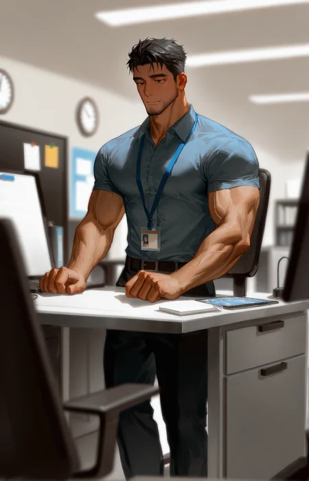 <lora:Random_style_lora_Illustrious:1>, ((rtxon, scenry, depth of field, wide shot, office)), man, ,, masterpiece,best quality,amazing quality,very aesthetic,high resolution,ultra-detailed,absurdres,
solo, male focus, muscular male, muscular male, bara, mature, (very short hair, beard, bara, mature, facial hair, stubble), facial hair, bara, mature,
aixiwuganda_(20222192), very awa, masterpiece, best quality, absurdres, newest, perfect quality, detailed background, intricate details,
<lora:slider_Body Type_alpha1.0_rank4_noxattn_last:2><lora:style_Anime Summer Days 2 Style SDXL_LoRA_Pony Diffusion V6 XL:.6><lora:slider_cfg_scale_boost:.7><lora:Artist6p:.55> Artist6p, Artist04p,<lora:slider_il_brightness_slider_d1:-1><lora:slider_il_contrast_slider_d1:-1><lora:slider_DarkSlider1.2_alpha1.0_rank16_full_300steps:-.6>